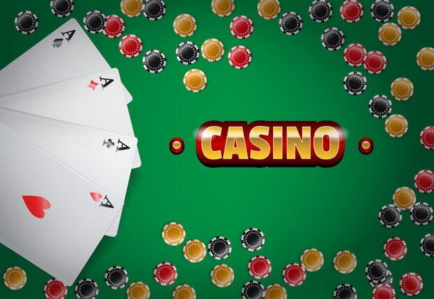 Inscripción de casino, cuatro ases y fichas sobre fondo verde.