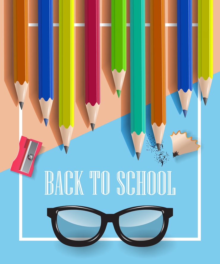 Vector gratuito inscripción de regreso a la escuela en marco, gafas y lápices