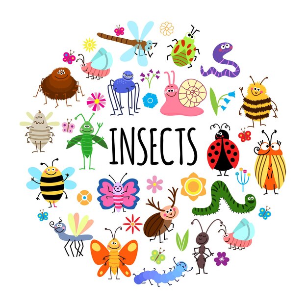 Insectos divertidos planos concepto redondo con gusano araña mosquito saltamontes avispa escarabajos caracol hormiga mariquita libélula oruga abeja flores ilustración aislada