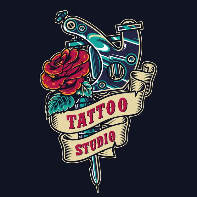 Insignia colorida vintage de salón de tatuaje