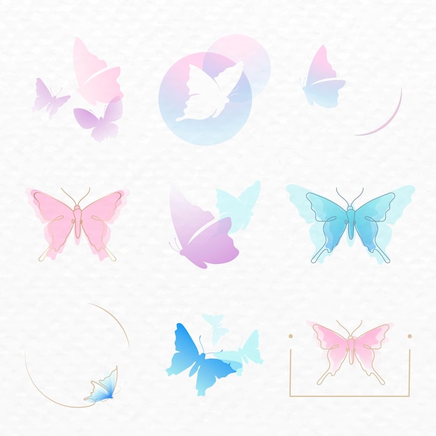 Vector gratuito insignia del logotipo de la mariposa, conjunto de diseño plano de vector estético pastel