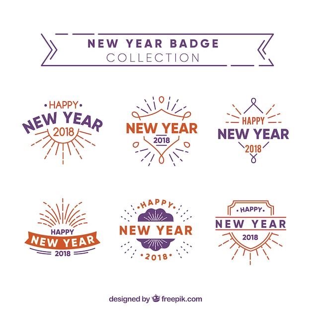 Insignias de año nuevo simples en rojo y púrpura