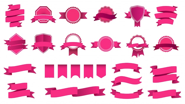 Insignias de la bandera de la cinta. marco con cinta, insignia de forma decorativa abstracta y conjunto de cintas curvas. colección de etiquetas de color rosa y sellos. objetos con banderola y banderines