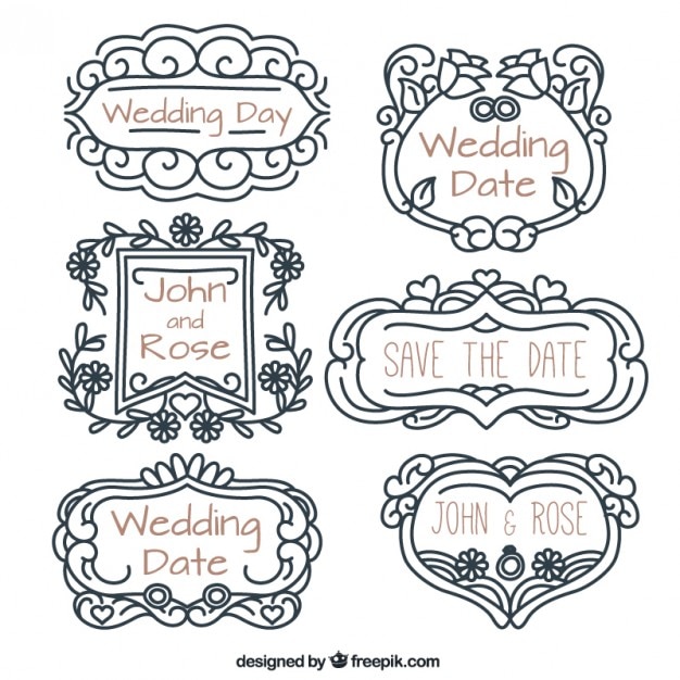 Vector gratuito insignias de boda ornamentales dibujadas a mano