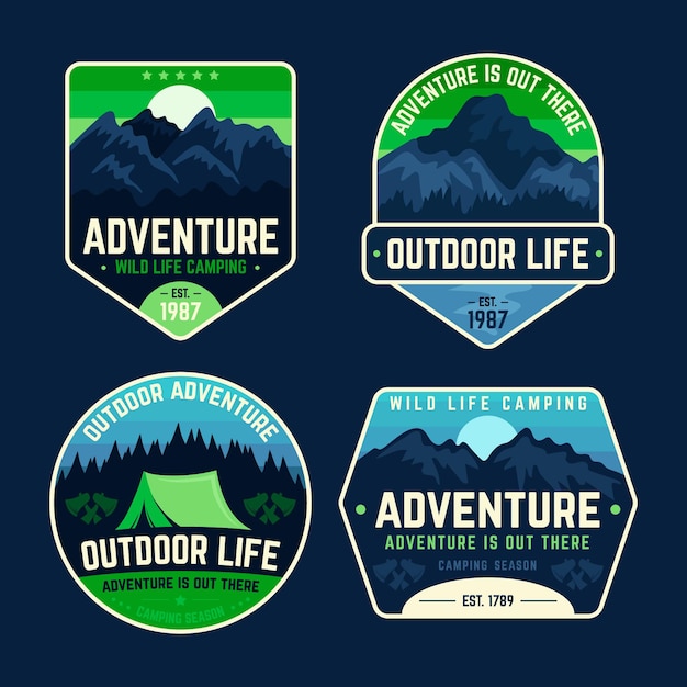 Insignias de camping y aventura en la naturaleza.