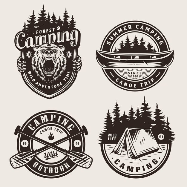 Insignias de camping monocromáticas vintage