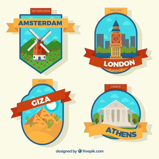 Vector gratuito insignias coloridas ciudad