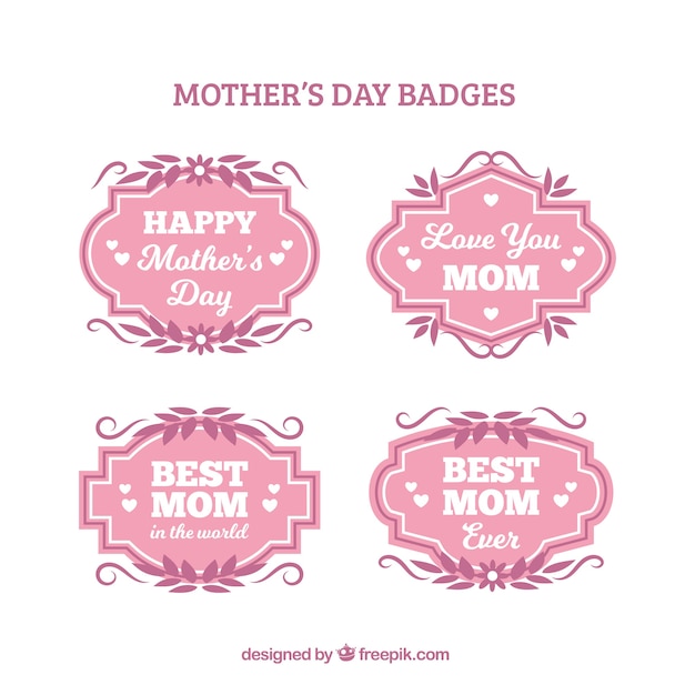 Vector gratuito insignias del día de la madre con hojas rosas