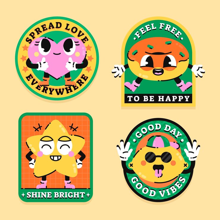 Vector gratuito insignias de dibujos animados de moda dibujados a mano