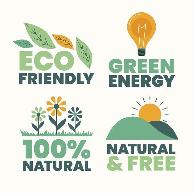 Insignias de ecología de diseño plano dibujado a mano