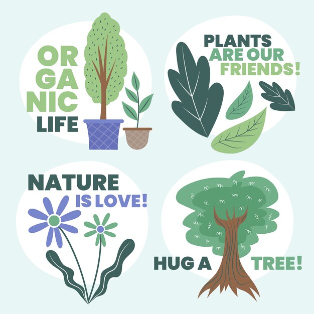 Insignias de ecología de diseño plano dibujado a mano