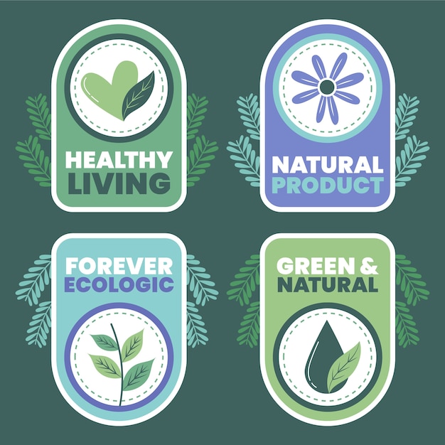Insignias de ecología de diseño plano dibujado a mano