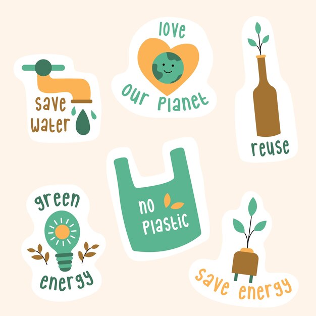 Insignias de ecología de diseño plano dibujado a mano