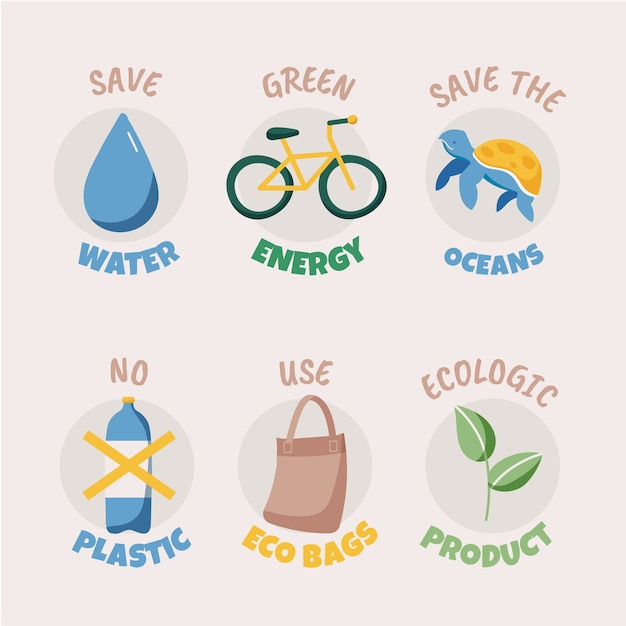 Vector gratuito insignias de ecología de diseño plano dibujado a mano