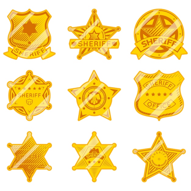 Insignias de estrella de sheriff de oro. policía y ley, autoridad y justicia, marshall star.