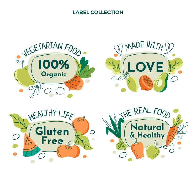 Insignias y etiquetas de alimentos de diseño plano