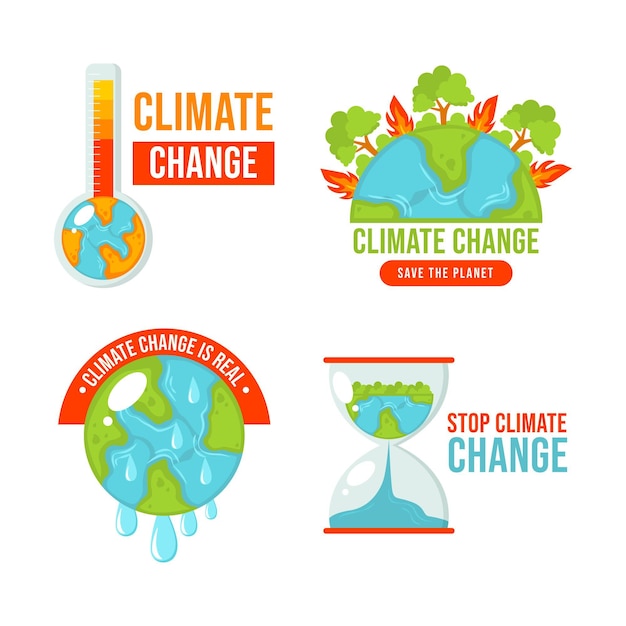 Vector gratuito insignias y etiquetas de cambio climático de diseño plano dibujadas a mano