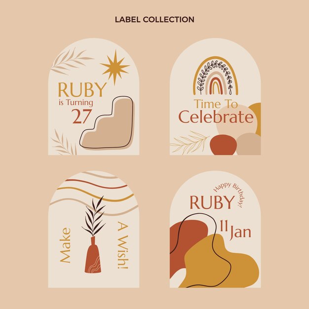 Insignias y etiquetas de cumpleaños boho dibujadas a mano