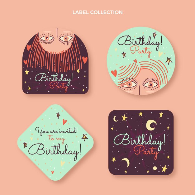 Insignias y etiquetas de cumpleaños boho dibujadas a mano