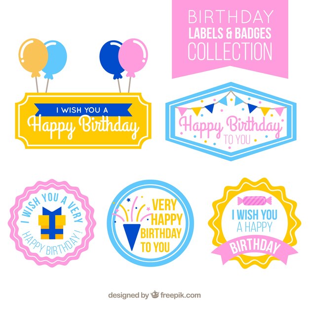 Insignias y etiquetas de cumpleaños en colores pastel