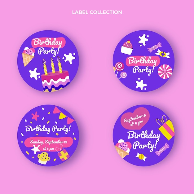 Insignias y etiquetas de cumpleaños infantiles dibujadas a mano