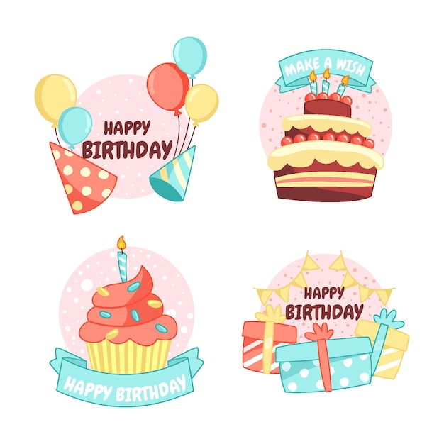 Insignias y etiquetas de cumpleaños infantiles dibujadas a mano