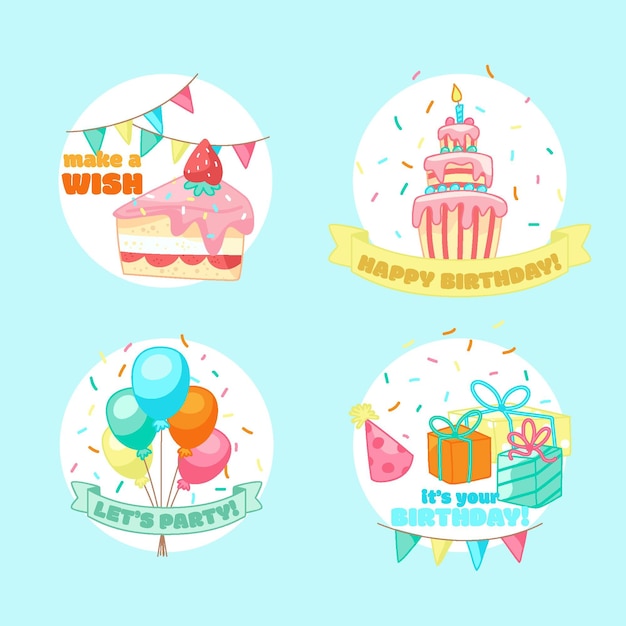 Insignias y etiquetas de cumpleaños infantiles dibujadas a mano