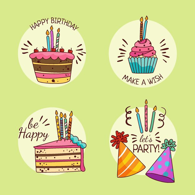 Insignias y etiquetas de cumpleaños infantiles dibujadas a mano