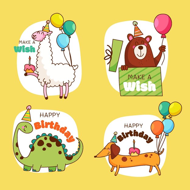 Insignias y etiquetas de cumpleaños infantiles dibujadas a mano