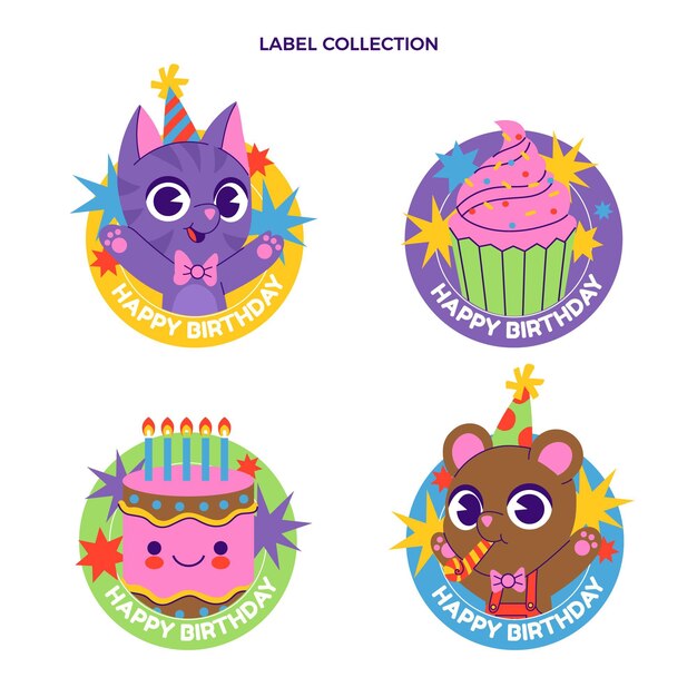Insignias y etiquetas de cumpleaños infantiles dibujadas a mano