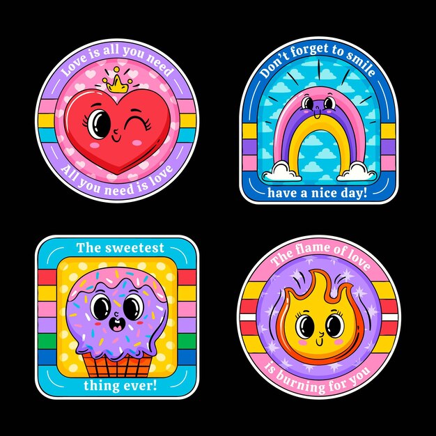 Insignias y etiquetas de dibujos animados de moda dibujados a mano