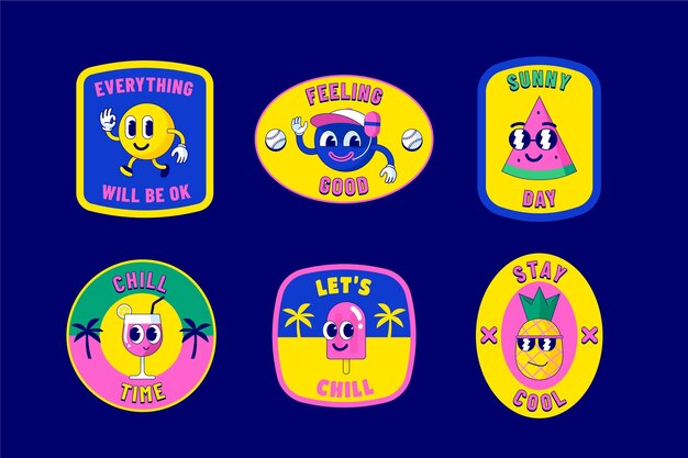 Insignias y etiquetas de dibujos animados de moda de diseño plano dibujado a mano