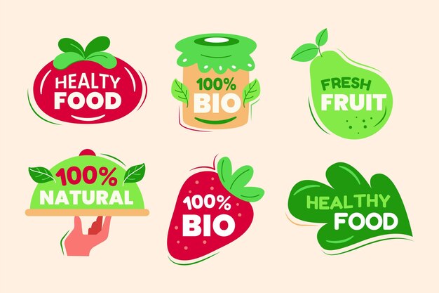 Insignias y etiquetas vegetarianas planas dibujadas a mano