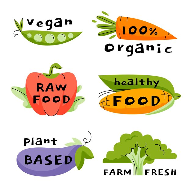 Insignias y etiquetas vegetarianas planas dibujadas a mano