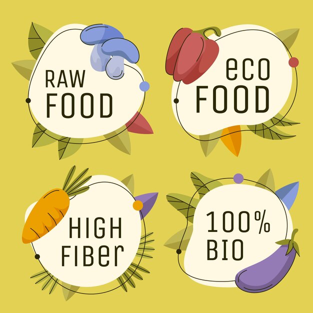 Insignias y etiquetas vegetarianas planas dibujadas a mano