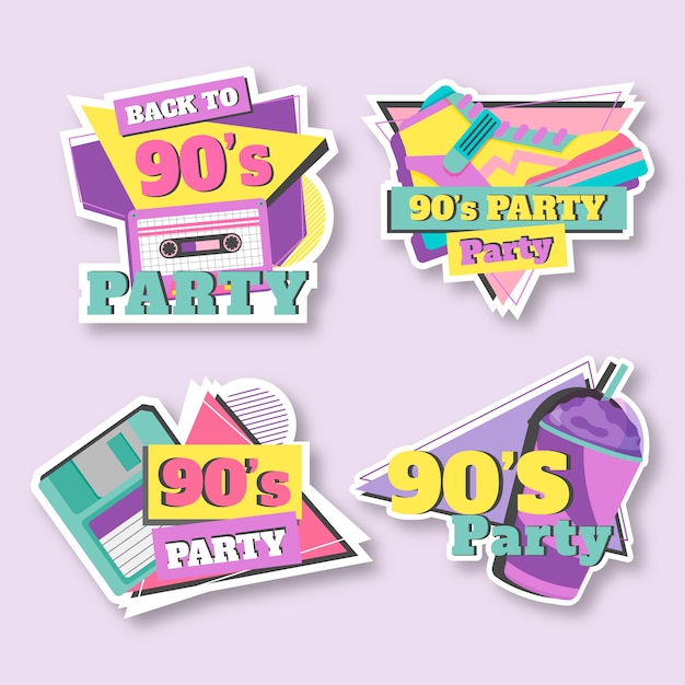 Insignias de fiesta de los 90 con diseño plano dibujado a mano