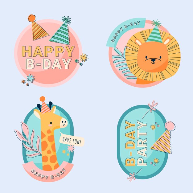 Insignias de fiesta de cumpleaños de la selva de diseño plano dibujado a mano