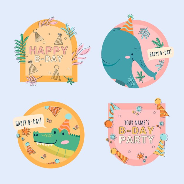 Insignias de fiesta de cumpleaños de la selva de diseño plano dibujado a mano