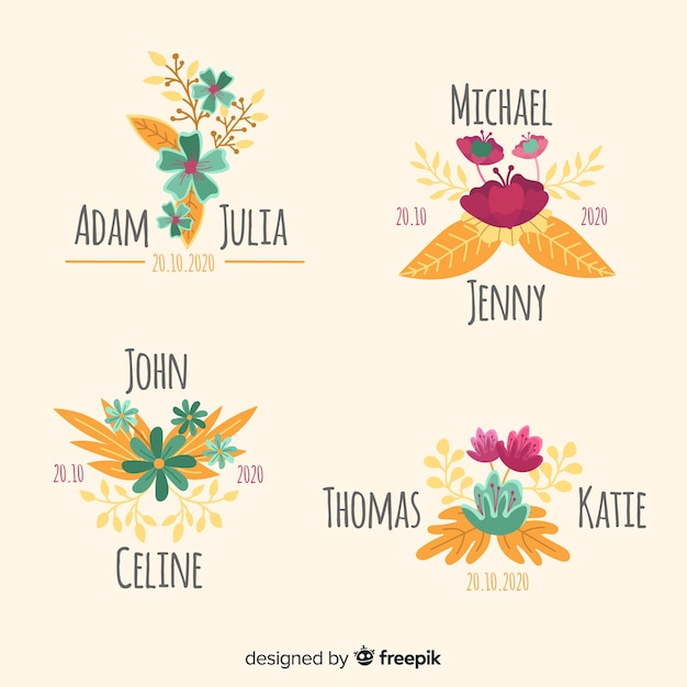 Insignias florales de boda dibujadas a mano