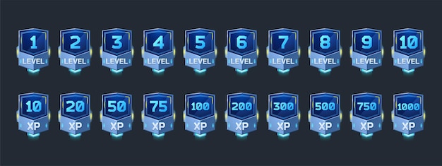 Insignias futuristas con número de nivel y puntos de experiencia para los iconos de dibujos animados de vector de diseño de interfaz de usuario de juego de ...