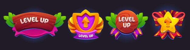 Insignias de juego brillantes con texto de nivel superior en la cinta