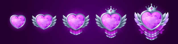 Vector gratuito insignias de juego de gema en forma de corazón en marco plateado