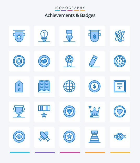 Insignias de logros creativos 25 Paquete de iconos azules como corona de moneda financiera corona de banco