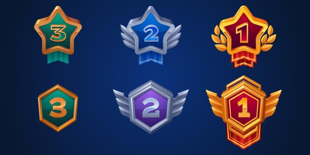 Insignias y medallas de premio de juego para el tercer, segundo y primer lugar Ilustración vectorial de dibujos animados de la competencia Premio de trofeo con marco de bronce, plata y oro y forma de estrella y hexágono