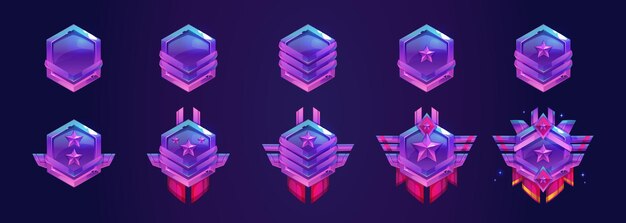 Insignias militares de metal para la interfaz del juego de guerra.
