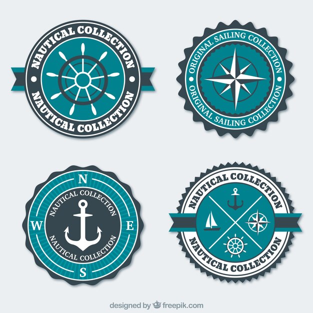 Insignias náuticas azules y blancas en diseño plano