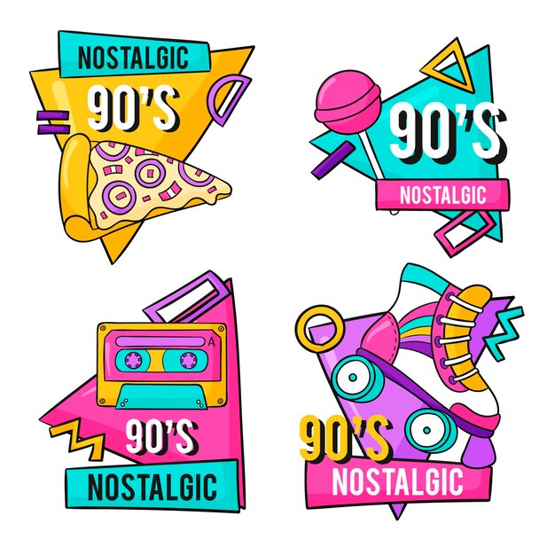 Insignias nostálgicas de los 90 dibujadas a mano.