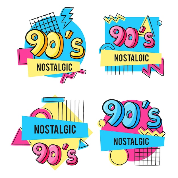 Insignias nostálgicas de los 90 dibujadas a mano.