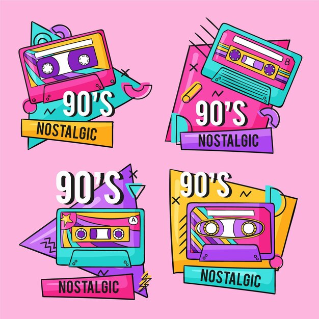 Insignias nostálgicas de los 90 dibujadas a mano.