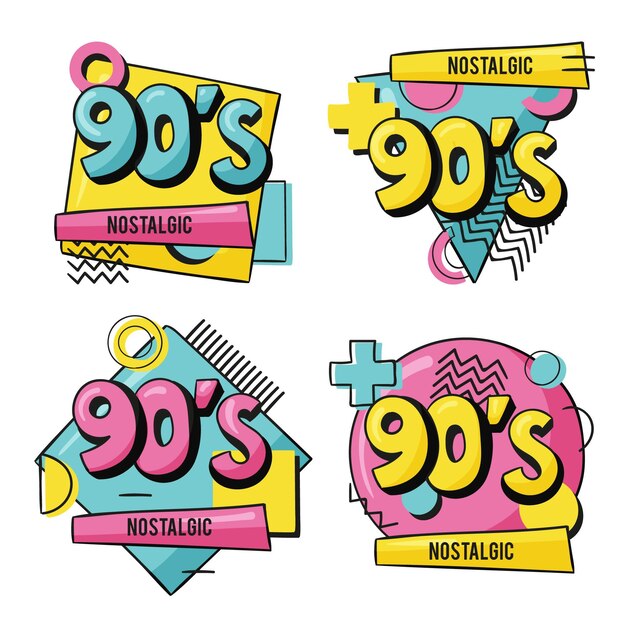 Insignias nostálgicas de los 90 dibujadas a mano.